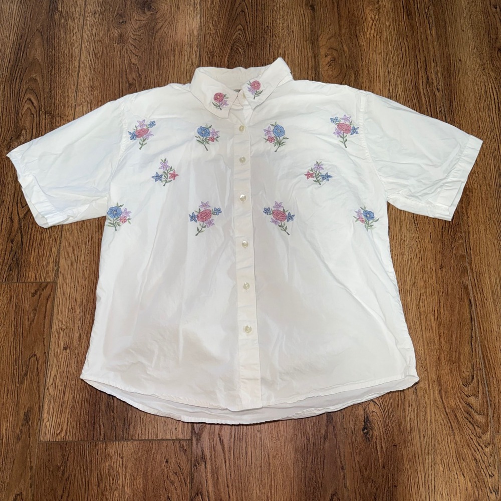 90s New Direction White 100% Cotton Floral Embroidered Top Womens M Cottage
